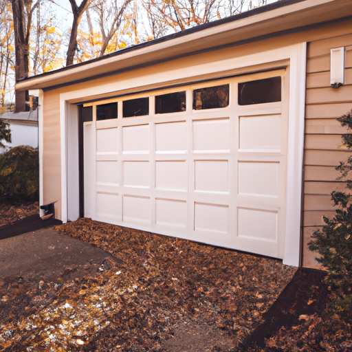 Suburban Montclair home showing a closed garage door and driveway in late autumn light, no people.