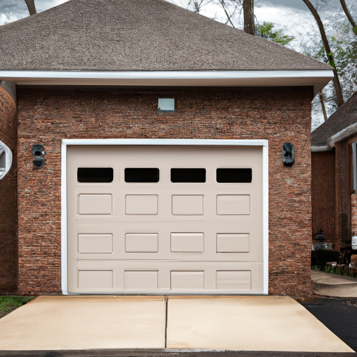 Suburban Montclair garage exterior with a modern sectional door and visible opener unit through a narrow gap, overcast daylight.