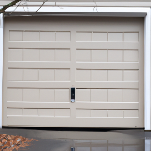 Montclair home exterior with insulated garage door, visible bottom seal and threshold on a wet driveway in overcast weather.