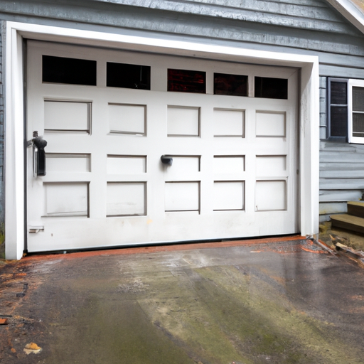 Suburban Montclair home with a closed garage door, visible tracks and opener housing, seasonal pavement details.
