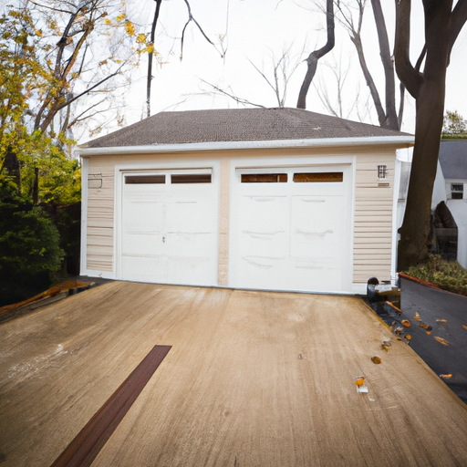 Montclair house with closed garage door and visible opener hardware, autumn trees in background.