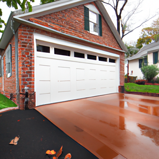 Montclair suburban two-car garage with modern steel door, wet driveway and brick facade under overcast sky.