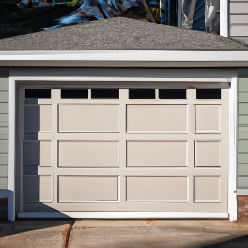 Late-afternoon exterior of a Montclair home showing an insulated garage door with new weather seals and threshold.