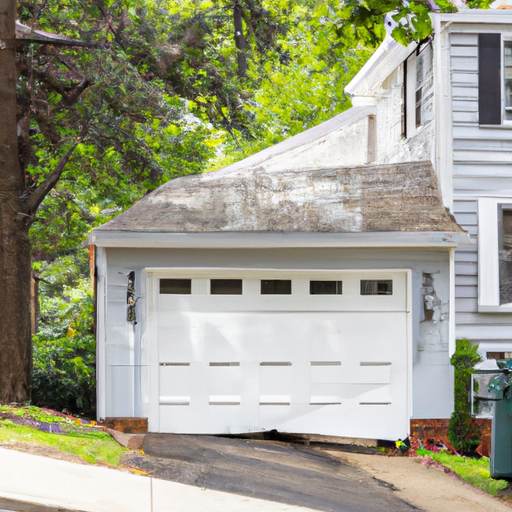 Montclair residential home with visible garage door partially open on a tree-lined street, daytime.