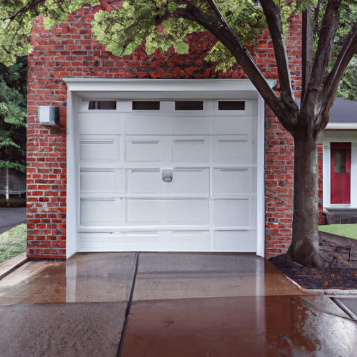 Suburban Montclair house with a modern sectional garage door, brick facade and wet pavement after rain.