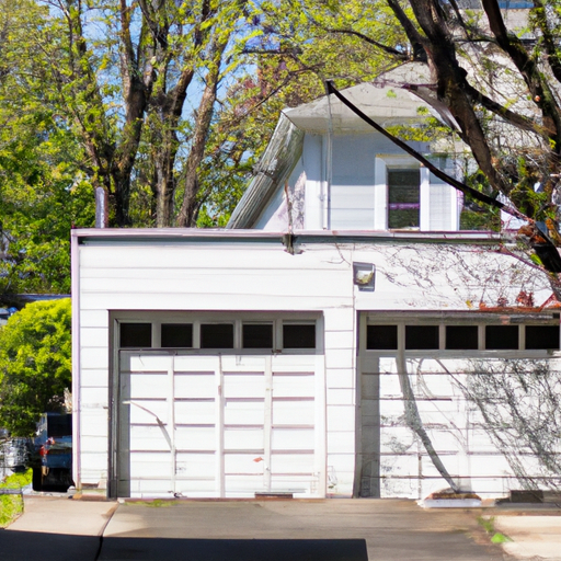Suburban Montclair garage exterior with a closed steel overhead door, driveway, and trees in spring light.