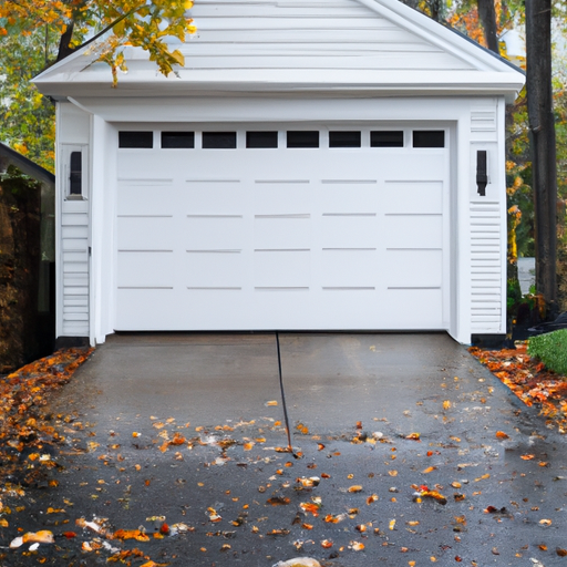 Residential insulated garage door in Montclair, NJ with visible bottom seal and wet driveway after rain