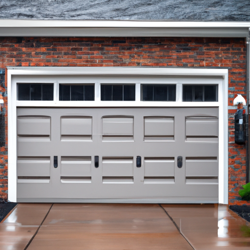 Montclair suburban home with a modern sectional garage door on a wet afternoon; door panels and hardware visible.