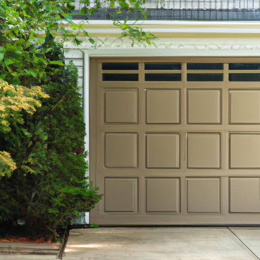Suburban Montclair driveway with a visible residential garage door, showing material texture and weatherstripping.