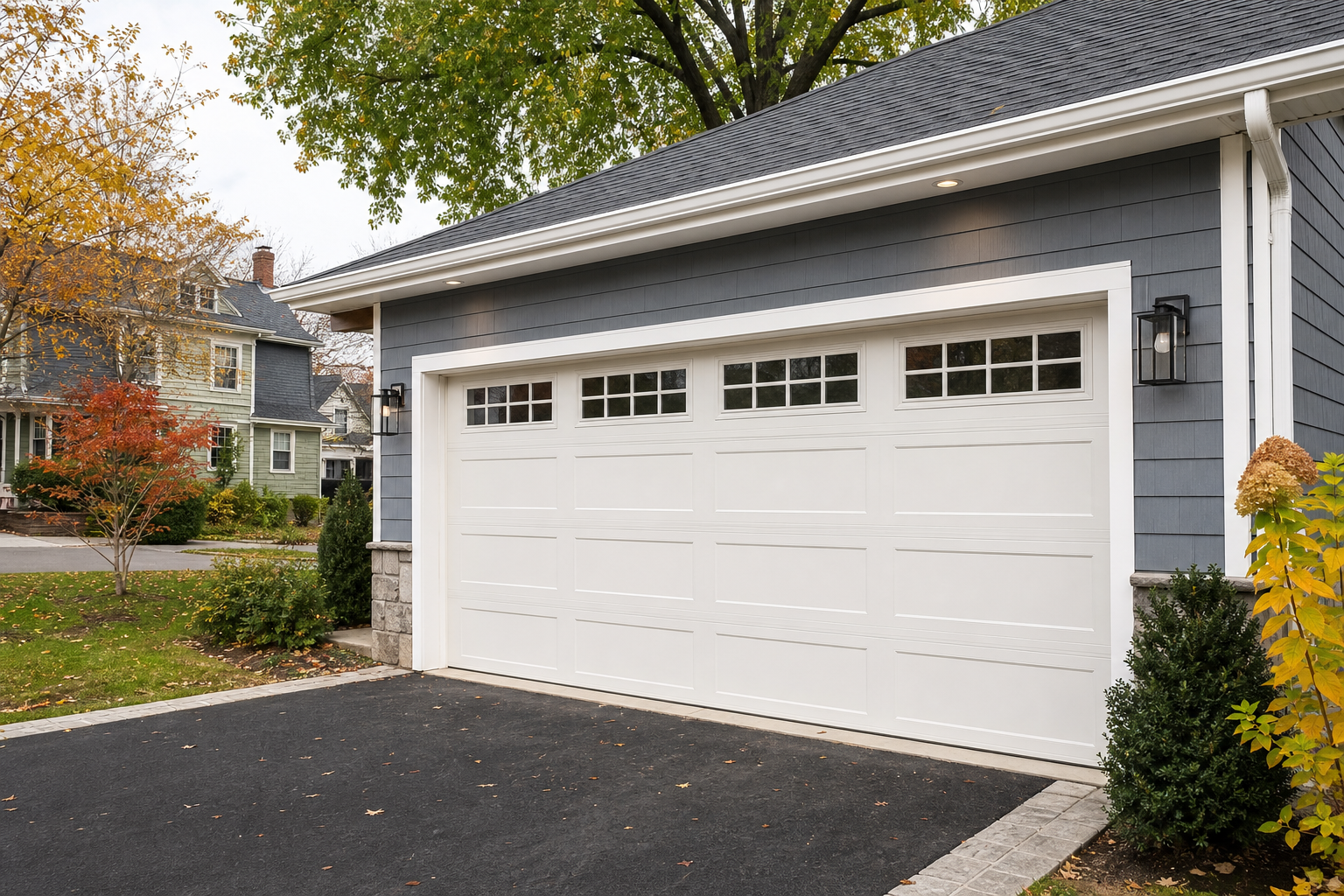 Montclair home exterior with a full garage door in view during seasonal weather