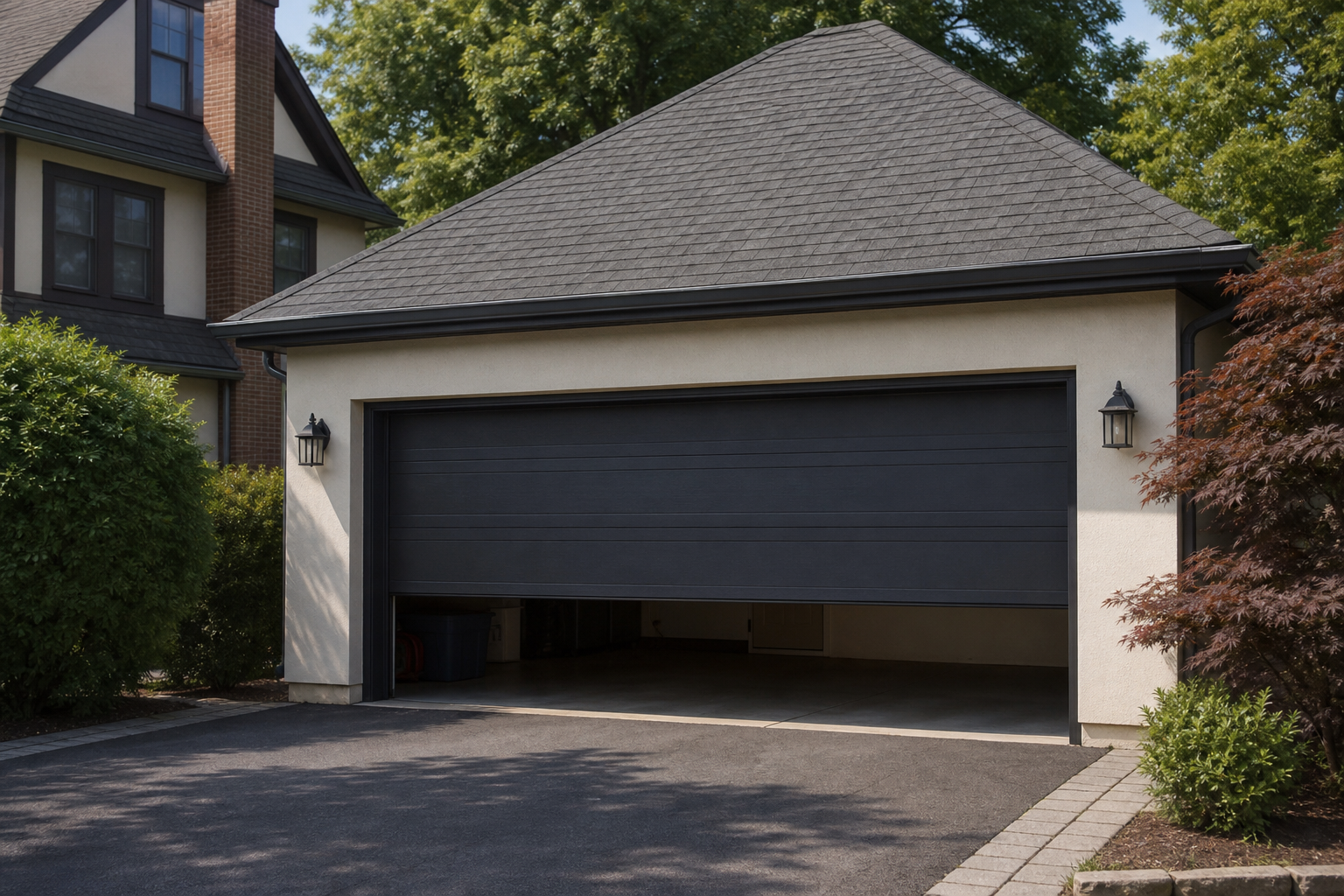 Suburban garage exterior in Montclair with the door visible and partially open